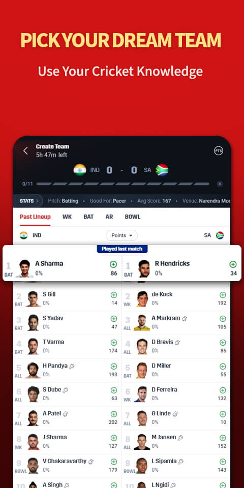 Create-team screen for India and South Africa inside a red promotional frame.